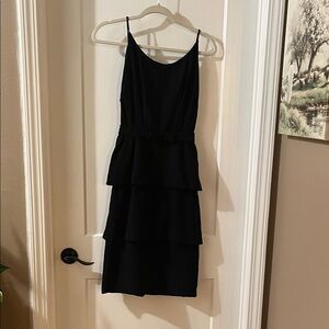 Vintage Sleeveless Black Tiered Midi Dress with Belted Waist